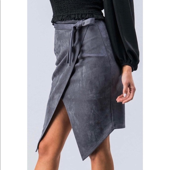 Charcoal Faux Suede Overlap Skirt - Picture 3 of 8
